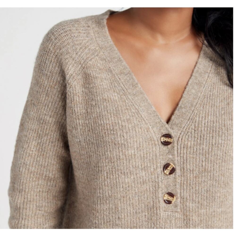 LUSH Taupe Knit Henley Sweater Size S Long Sleeve V Neck Button Front Pullover